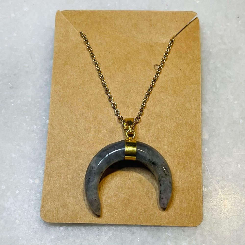 3 for $20 SALE Labradorite Double Horn Pendant on Gold Tone 18” Chain B127